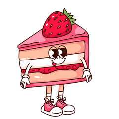 Groovy strawberry cream cake cartoon character with smile. Funny retro birthday cake slice in sneakers, confectionery mascot, cartoon sweet dessert sticker of 70s 80s style vector illustration