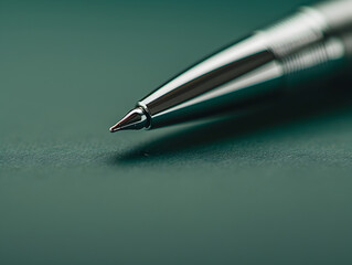 A pen with a silver tip is sitting on a green surface. The pen is pointed and ready to write - Powered by Adobe