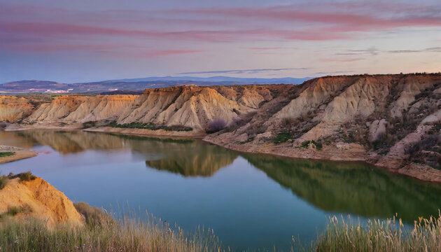 River and desert land in a canyon with enchanting  twilight colors in the sky