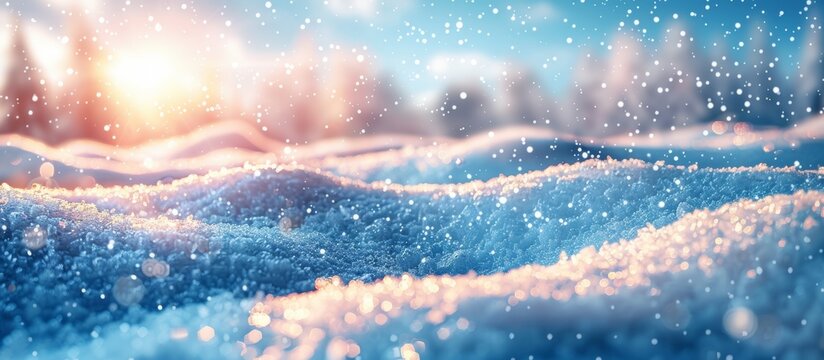 Evening Winter Snow Scene with Beautiful Light and Snowflakes Generative AI