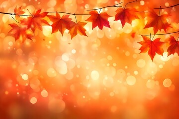 Blurred colorful autumn leaves on orange-red bokeh background with copyspace illustration