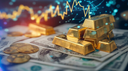 Stacks of gold bars and dollar bills along with a stock chart background, showing the soaring price of gold on the world market.
