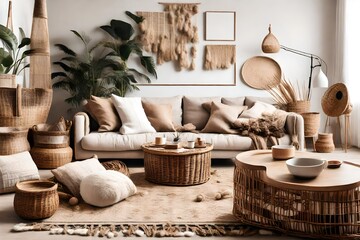 Fototapeta na wymiar The stylish boho compostion at living room interior with design beige sofa, coffee table, wicker baskets and elegant personal accessories. Brown and white pillows and plaid Cozy apartment. Home decor