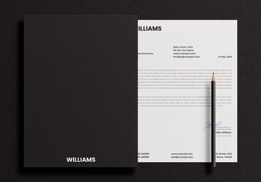 Black Folder Letterhead Letter Identity Branding Logo Logotype Corporate Stationary Minimal Mockup Template