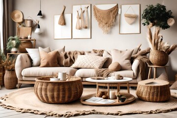 The stylish boho compostion at living room interior with design beige sofa, coffee table, wicker baskets and elegant personal accessories. Brown and white pillows and plaid Cozy apartment. Home decor - obrazy, fototapety, plakaty