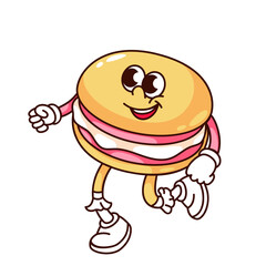 Groovy macaroon cartoon character running with happy smile. Funny retro cake with strawberry flavor in hurry, sweet dessert mascot, cartoon macaroon sticker of 70s 80s style vector illustration