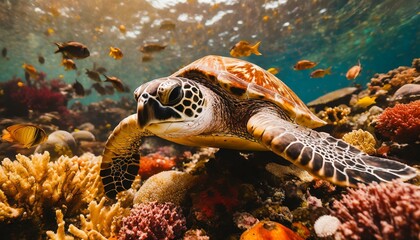 Sea turtle swimming on group of colorful fish and sea animals with colorful coral underwater in...