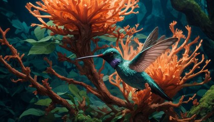 An iridescent hummingbird flutters elegantly, its beak deep in the nectar of vibrant coral flora within a misty forest - obrazy, fototapety, plakaty