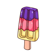 Groovy cartoon ice cream on stick with fruit flavor. Funny retro fruity rainbow ice lolly, fresh sweet dessert for summer mascot, cartoon popsicle sticker of 70s 80s style vector illustration