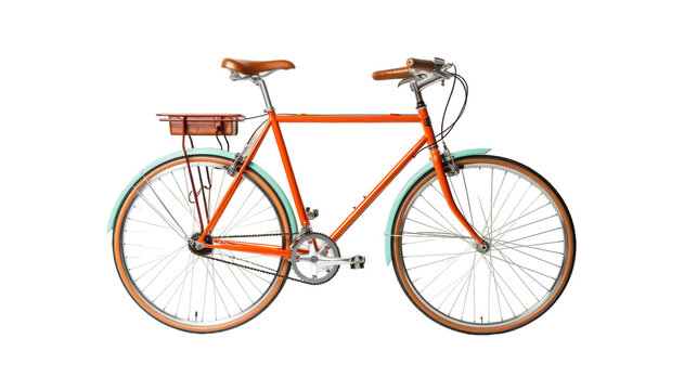 An orange bicycle standing out against a stark white backdrop