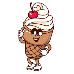 Groovy ice cream cartoon character with cherry and victory sign. Funny retro gelato in waffle cup with hippie peace gesture, ice sweets mascot, cartoon sticker of 70s 80s style vector illustration