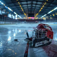 ice hockey stick sticks on the ice in front of camera. AI generated illustration - obrazy, fototapety, plakaty