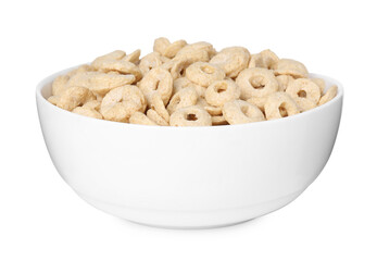 Tasty cereal rings in bowl isolated on white