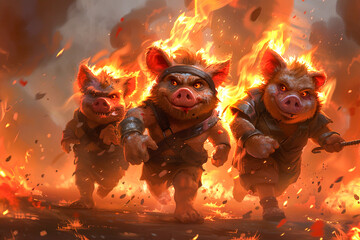 Three animated pigs in combat gear charging through a fiery battlefield with intense expressions. - obrazy, fototapety, plakaty