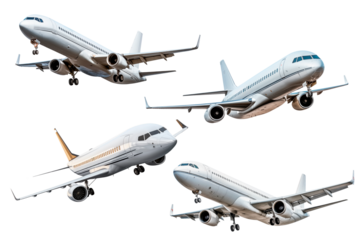 Set of taking off airplanes isolated on a white or transparent background. Close-up of a white airplanes, side view. Concept of vacation, traveling abroad. Graphic design element