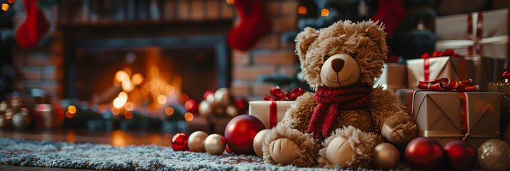  Stuffed brown bear toy in warm and cozy fireplac,
A teddy bear sits among many presents under a christmas tree.
