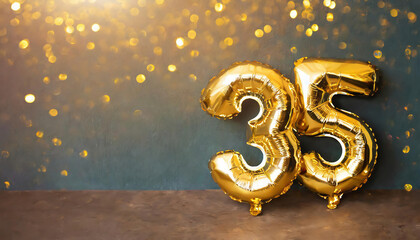 Golden foil balloon number thirty five on bokeh background. Birthday greeting card with inscription 35. Anniversary celebration.