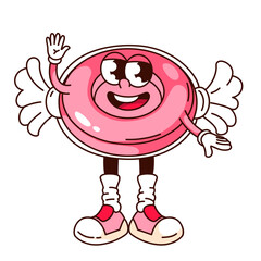 Groovy wrapped pink candy cartoon character waving to say Hello. Funny retro candy with transparent wrapper and strawberry flavor, sweets mascot, cartoon sticker of 70s 80s style vector illustration