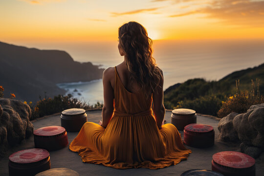 woman meditating on the beach at sunset