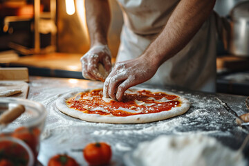close-up, man preparing pizza in a cafe