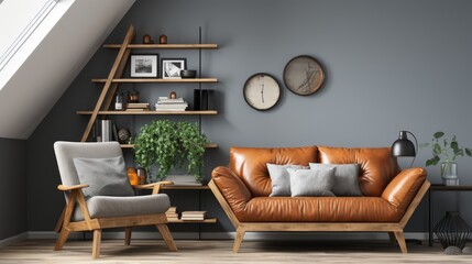 A living room with a couch and a chair, the couch is brown and the chair is gray. There are two clocks on the wall, one is on the left and the other is on the right. The room has a modern