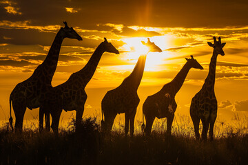 Group of Giraffes Silhouetted Against Sunset