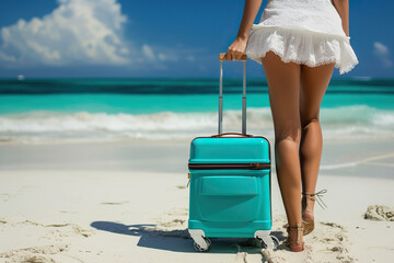 female legs and travel suitcase on the background of a tropical beach