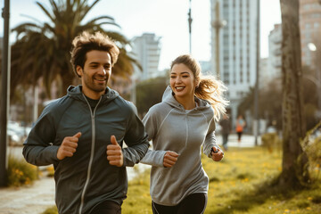 young couple jogging outdoors in a city park