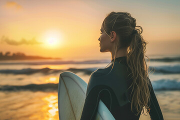 woman surfer on the beach at sunset