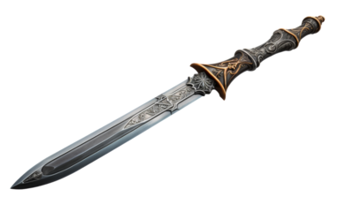 A sword with intricate decorative designs etched into the blade, showcasing a blend of elegance and strength