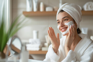 girl applies care cream to her face, spa procedures