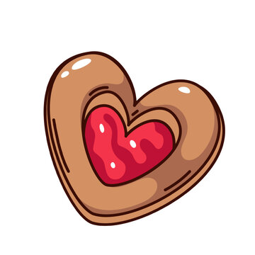 recommend clip art: Groovy cartoon cookie with red jam heart. Funny retro shortbread with strawberry jelly, treat and sweet gift for Valentines Day mascot, cartoon cookie sticker of 70s 80s style vector illustration
