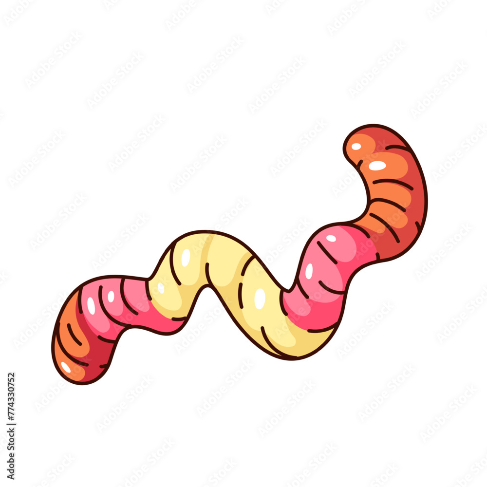 Wall mural Groovy cartoon gummy candy worm. Funny retro snake of sour jelly fruit marmalade, cute sweet dessert for kids and confectionery mascot, cartoon chewy candy sticker of 70s 80s style vector illustration - Wall murals