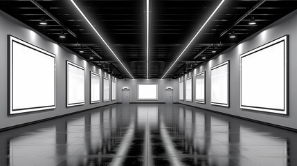 Contemporary gallery interior with white walls and spotlighting