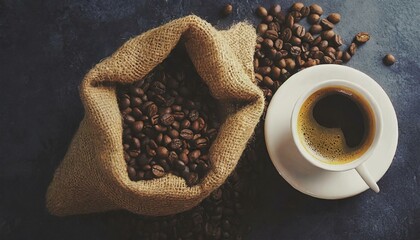Top view of Cup of coffee and coffee beans in a sack on dark background