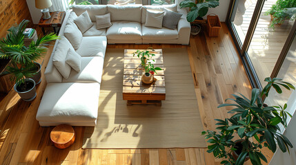 Elevated view of a bright living room with sectional sofa, wooden table, and plants
