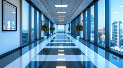 Modern corporate hallway with reflective floors and panoramic city views - obrazy, fototapety, plakaty