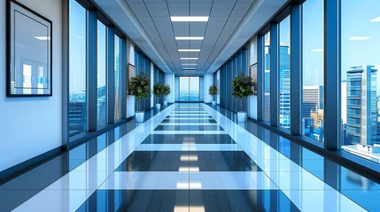 Foto op Aluminium Modern corporate hallway with reflective floors and panoramic city views © IntDyz