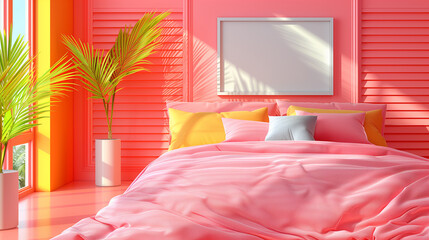 Pop art inspired bedroom with bright pink and yellow accents and tropical plants