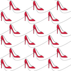 Hand drawn seamless pattern vector. High heel shoe line continuous drawing. Red pumps white background. Fashion print, shop banner, doodle, abstract wallpaper, cartoon backdrop.