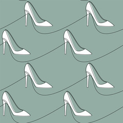Hand drawn seamless pattern vector. High heel shoe line continuous drawing. White pumps green background. Fashion print, shop banner, doodle, abstract wallpaper, cartoon backdrop. - obrazy, fototapety, plakaty