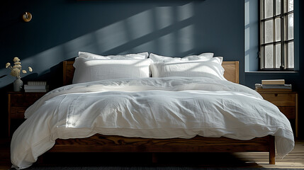 Fototapeta na wymiar Serene bedroom with natural lighting and shadow play