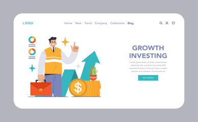 Growth Investing web or landing. Confident businessman pointing upward