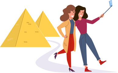 People make selfie. Happy friends taking photo on vacation. Memories in travel. Women standing near Egyptian pyramids. Tourists in historical place. Cartoon flat isolated vector illustration