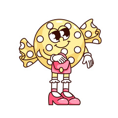 Groovy wrapped candy cartoon character with girly pink shoes and handbag. Funny retro candy with yellow and white polka dot wrapper, sweets mascot, cartoon sticker of 70s 80s style vector illustration