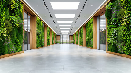 Spacious corporate hallway with vertical gardens and modern wooden accents