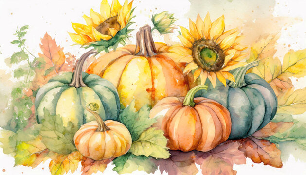 Autumn composition with harvest, with pumpkins and sunflower flowers in vintage style.