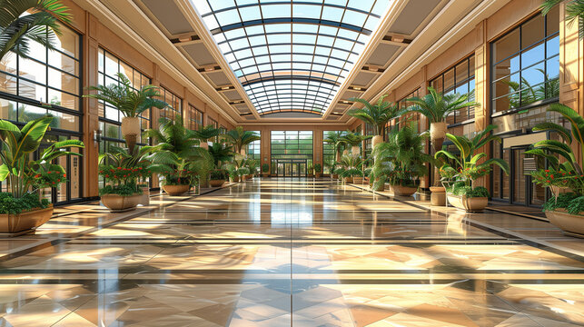 Spacious atrium with tropical plants and skylight - Powered by Adobe