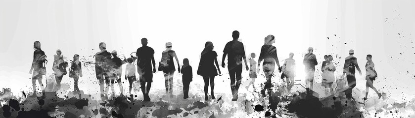 A group of people walking towards the camera, standing on a white background in the illustration style, which is minimalistic and done in the ink painting style with dark and light gray tones