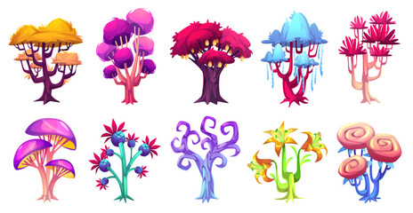 Magic trees. Fantasy cartoon forest, fairytale plants isolated on white background, colorful strange flora, fantastic woods, game ui design elements, colorful luminous leaves, tidy vector set